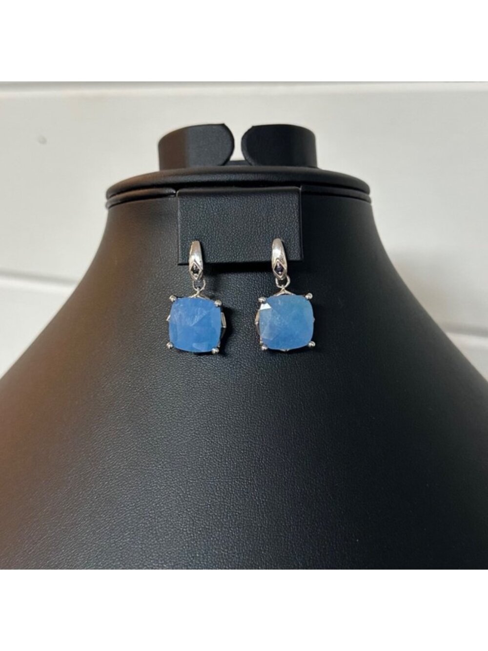 Sterling 925 Silver Blue Stone Cushion Cut Dangle Earrings Signed Estate Find